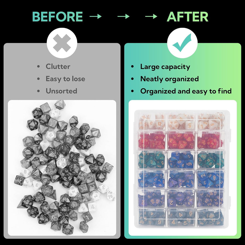 KISLANE Plastic Storage for 210 Dice, Dice Display Case With 18 Boxes Each Holding up to 12 Dices, Dice Case for DnD Dic