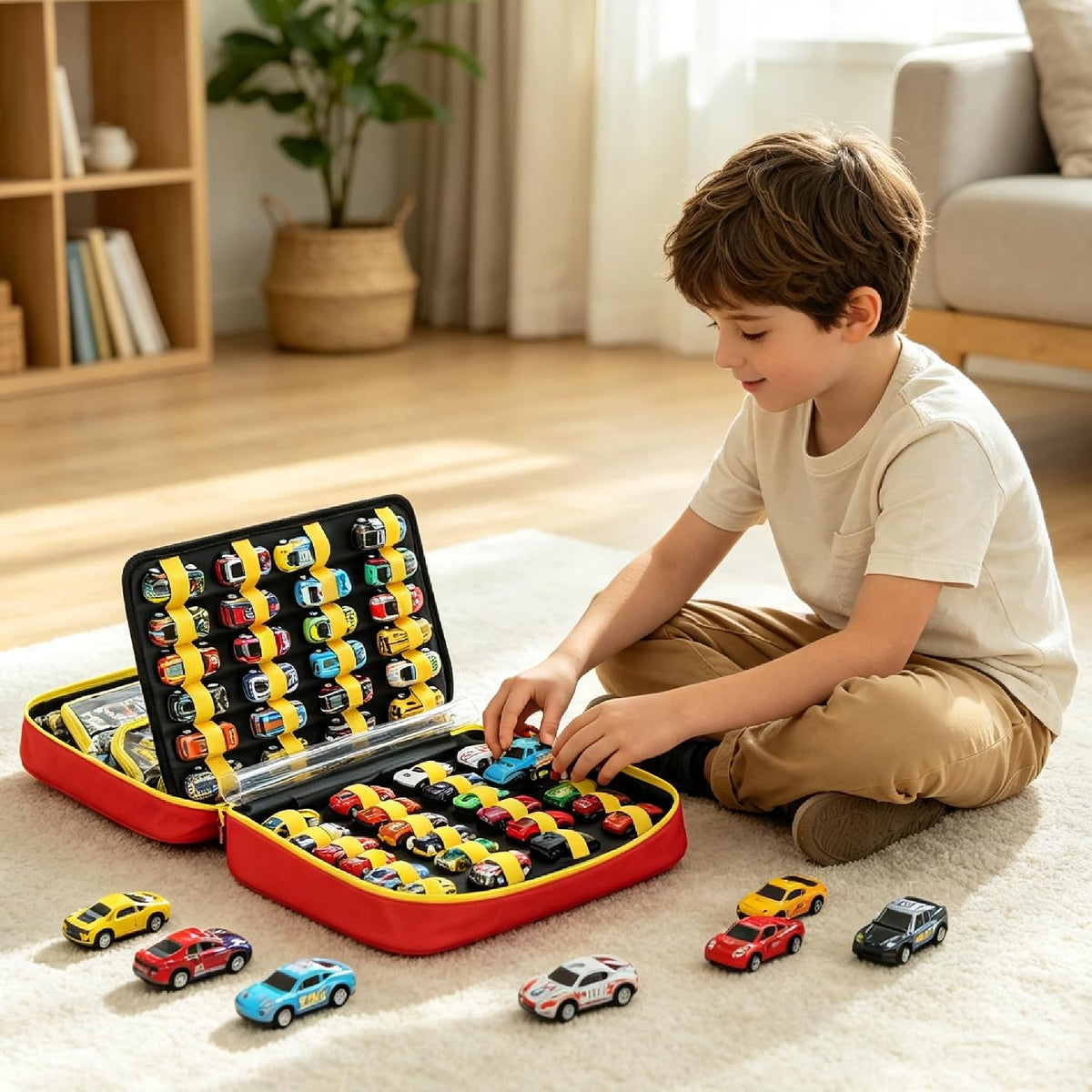Toy Car Storage Case, 96-Slot Diecast Organizer with PVC Pockets & Handle.
