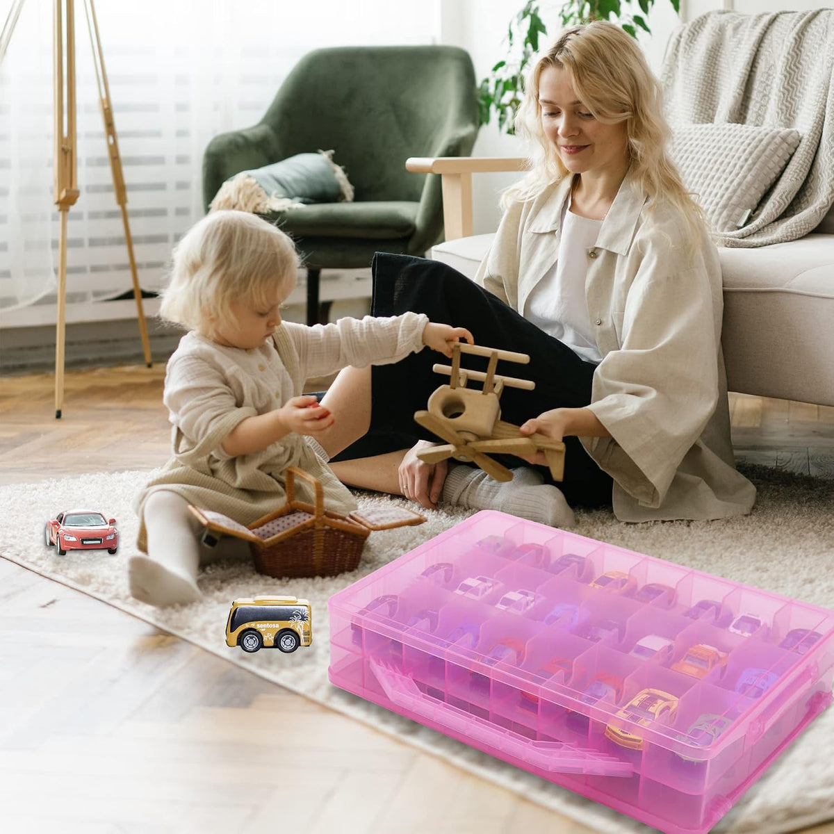 KISLANE Toy Car Storage Case, Diecast Display Case 48 Slots (Pink)