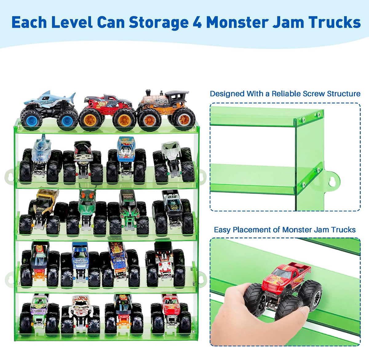 KISLANE 5-Tier Monster Trucks Display Case, Wall Mount Storage Holds 20