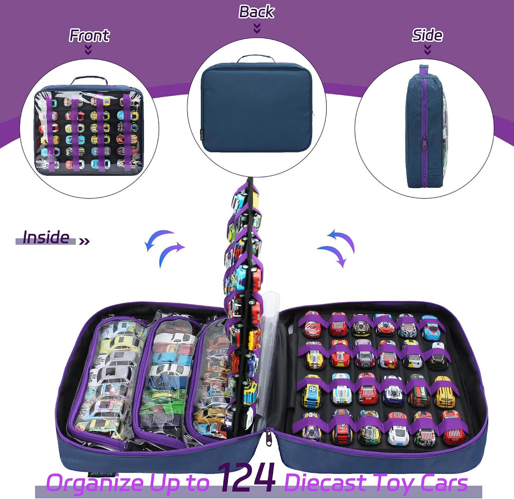 Toy Car Storage Case, 96-Slot Diecast Organizer with PVC Pockets & Handle.