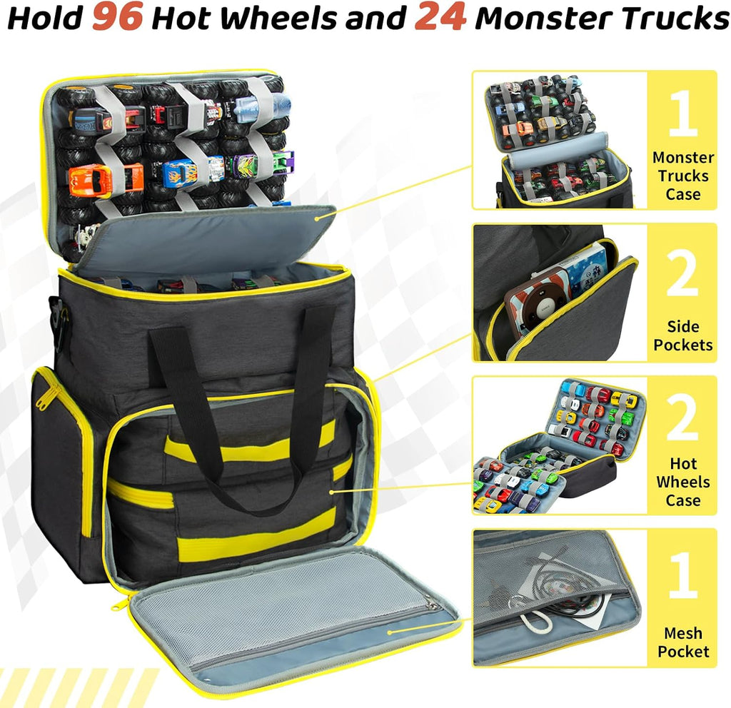 KISLANE Tote Toy Cars Storage Bag with Inner Pouches – Holds 96 Cars and 24 Monster Trucks, Toy Cars Organizer Storage f