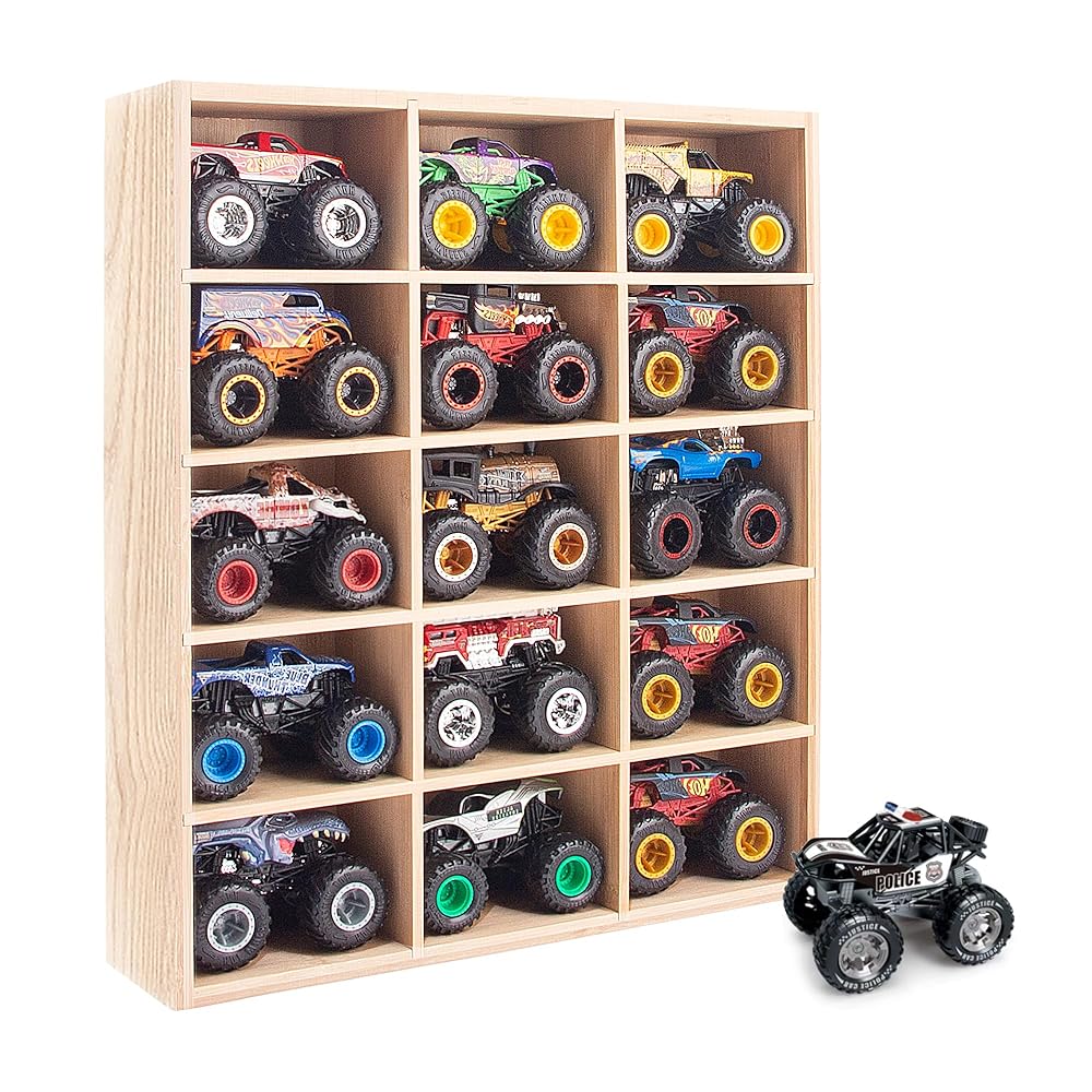 KISLANE Monster Trucks Storage Shelf, Wall Mount Storage Holds 15 (Wood)
