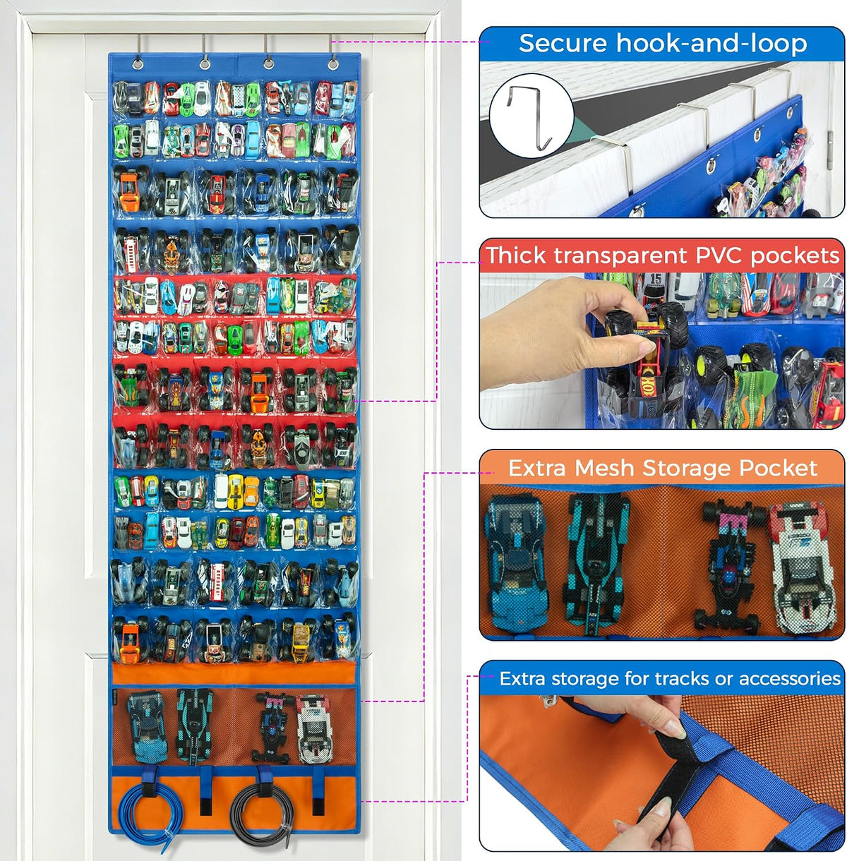 KISLANE Toy Car Storage Organizer, Hanging Wall & Door Organizer with 66 Clear Pockets, Display Holder for 1:64 Toy Cars