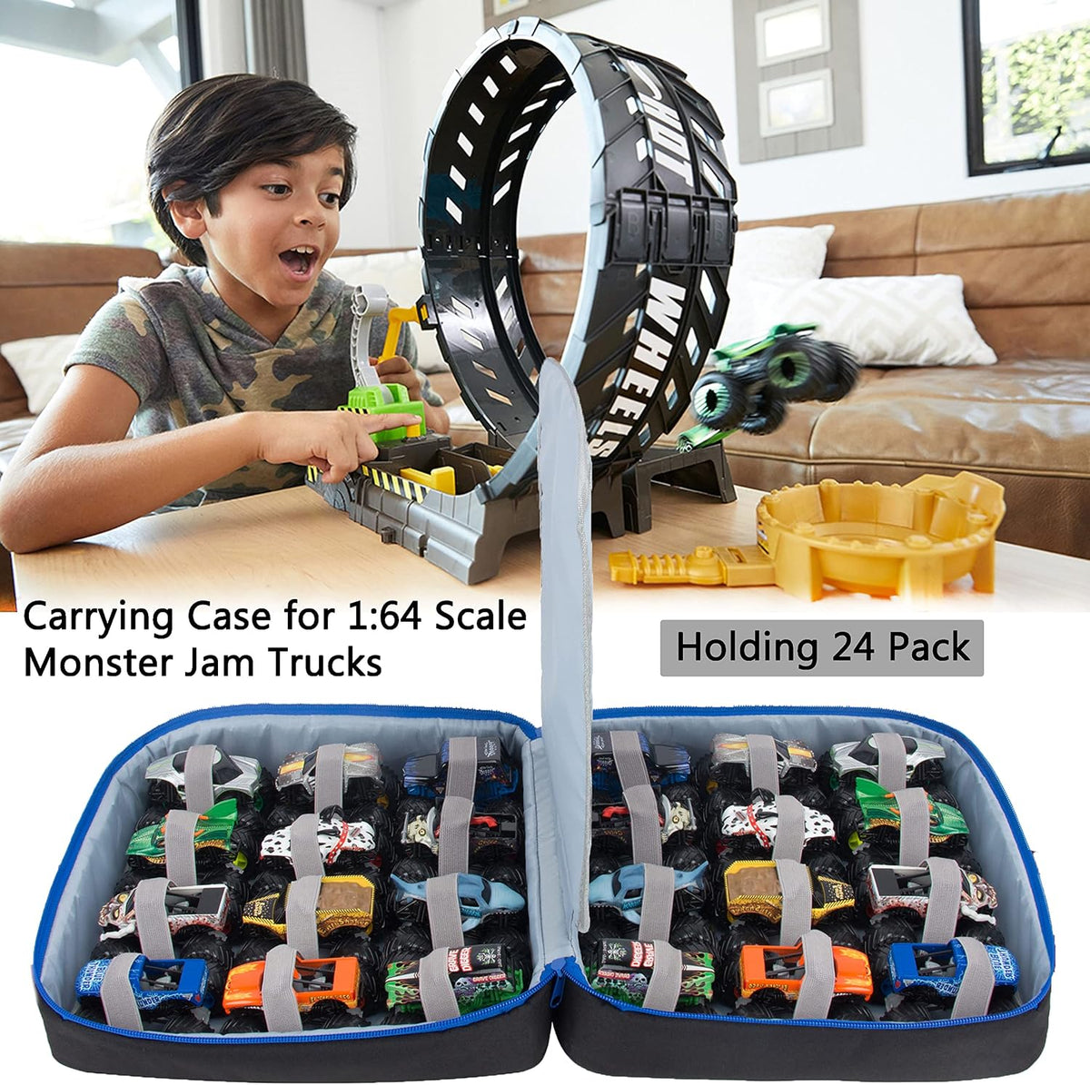 KISLANE Monster Truck Storage Case, Diecast Display Case 24 Slots (Black)
