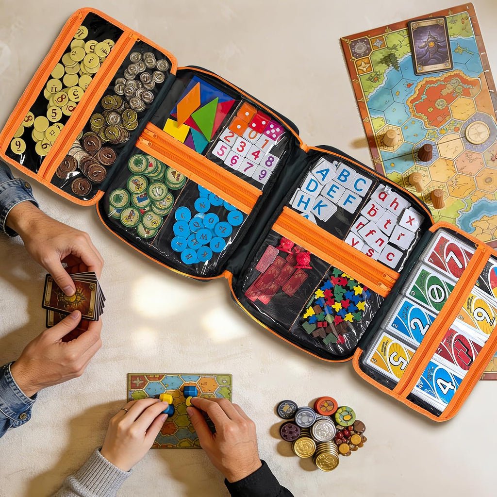 Premium Board Game Storage Organizer Case (14 PVC Pouches) - Portable Travel Game Storage Case | Ultimate Dice and Token