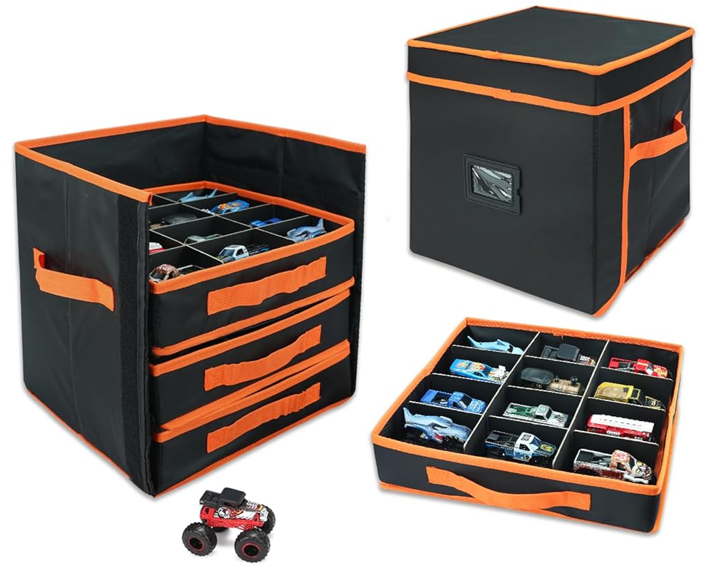 KISLANE Monster Truck Storage Organizer, 4-Layer Trucks Storage Box with 48 Compartments,Fits 1:64 Monster Trucks, Toy Trucks & More – Foldable Toy Organizer with Drawers (Black)