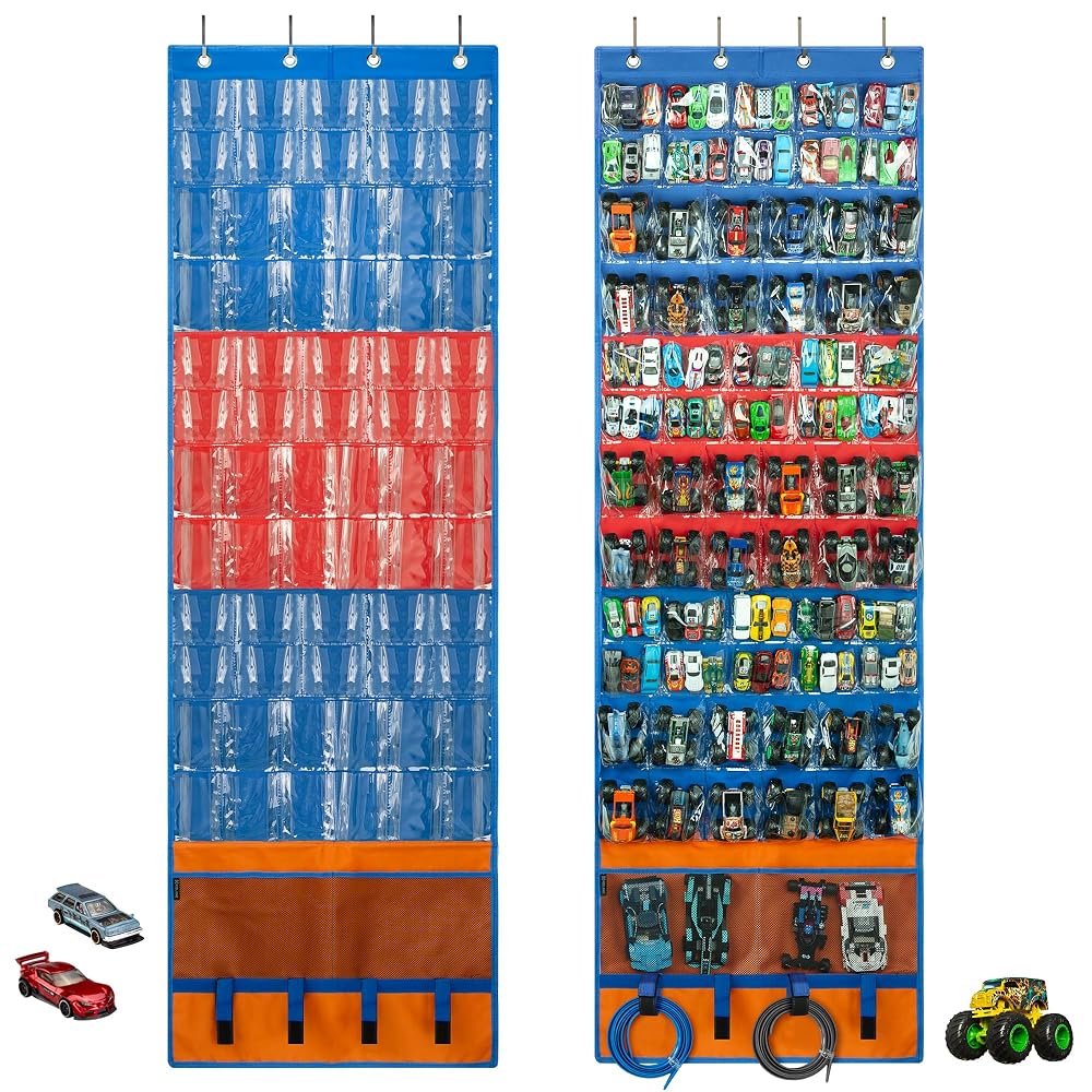 KISLANE Toy Car Storage Organizer, Hanging Wall & Door Organizer with 66 Clear Pockets, Display Holder for 1:64 Toy Cars (Color-Blocking)