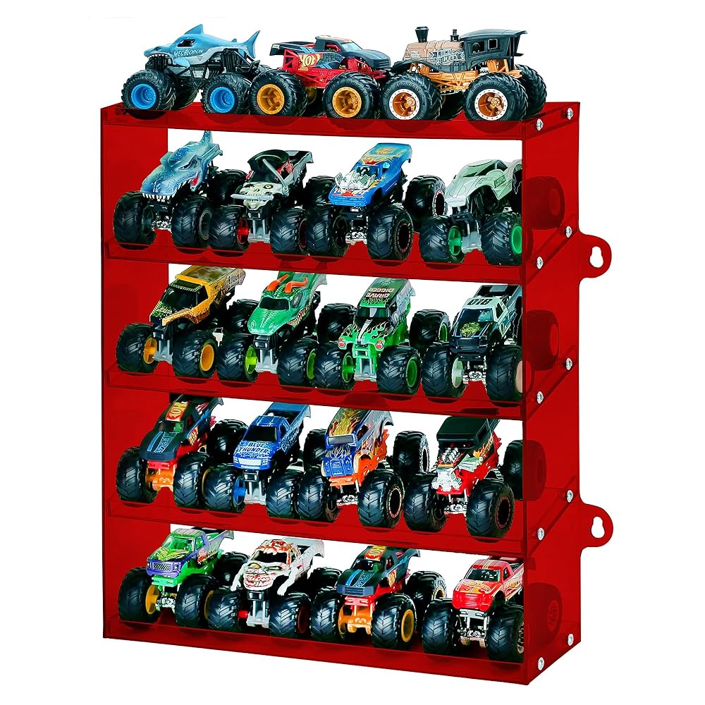 KISLANE 5-Tier Toy Car Display Case, Wall Mount Storage Holds 20 (Red)