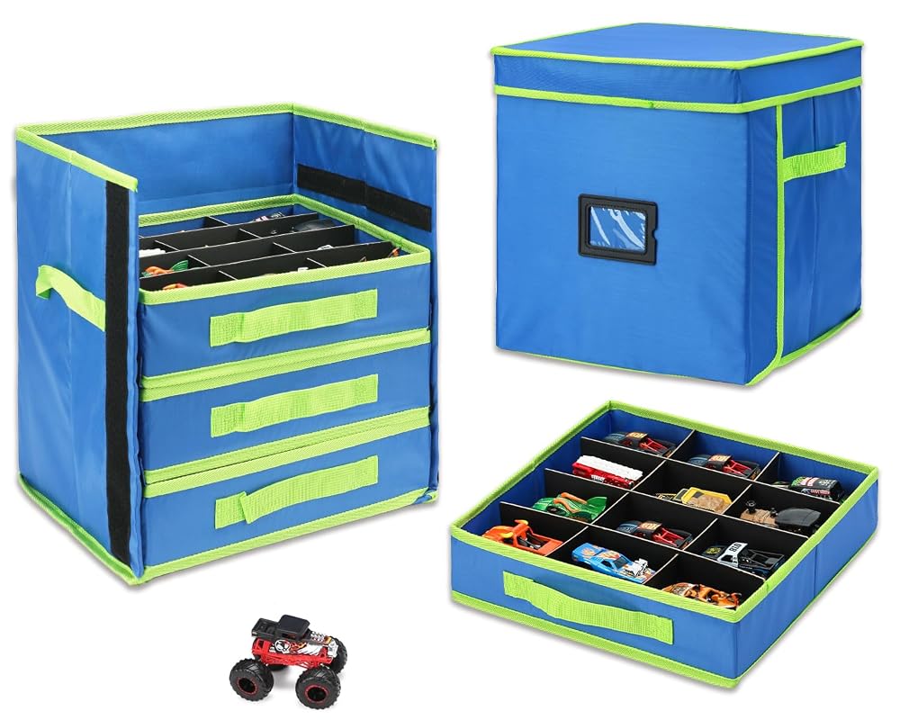 KISLANE Monster Truck Storage Organizer, 4-Layer Trucks Storage Box with 48 Compartments,Fits 1:64 Monster Trucks, Toy Trucks & More – Foldable Toy Organizer with Drawers (Blue)
