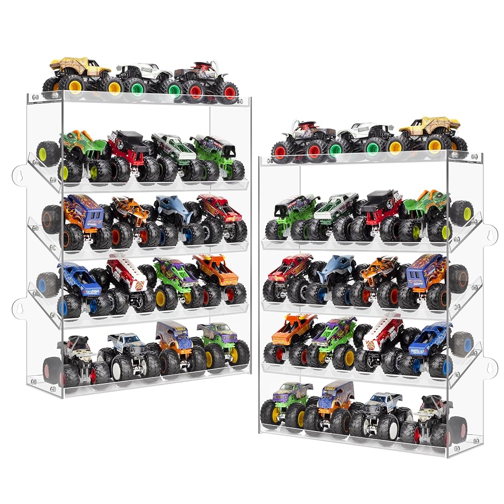 Assembly Monster Trucks Display Case Holding for 20 Monster Trucks Acrylic Storage Case 5 Tiers Monster Trucks Organizer with Tilted Design, Display Case for Toy Trucks (2-Pack Transparent)