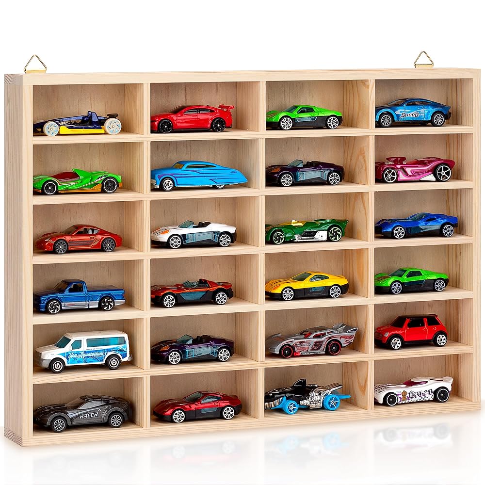 KISLANE Toy Car Display Case, Wall Mount Storage Holds 24 (Wood)